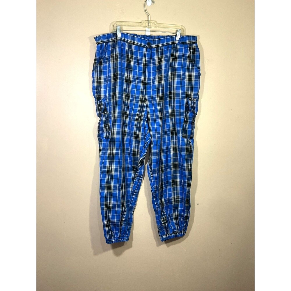 Love Star Womens Plaid Cargo Jogger Pants 3X Blue Punk Skater Grunge Goth 90s